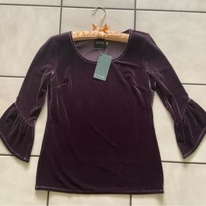 Lysse stretch velvet purple popover top 3/4 flounce sleeve SZ XS